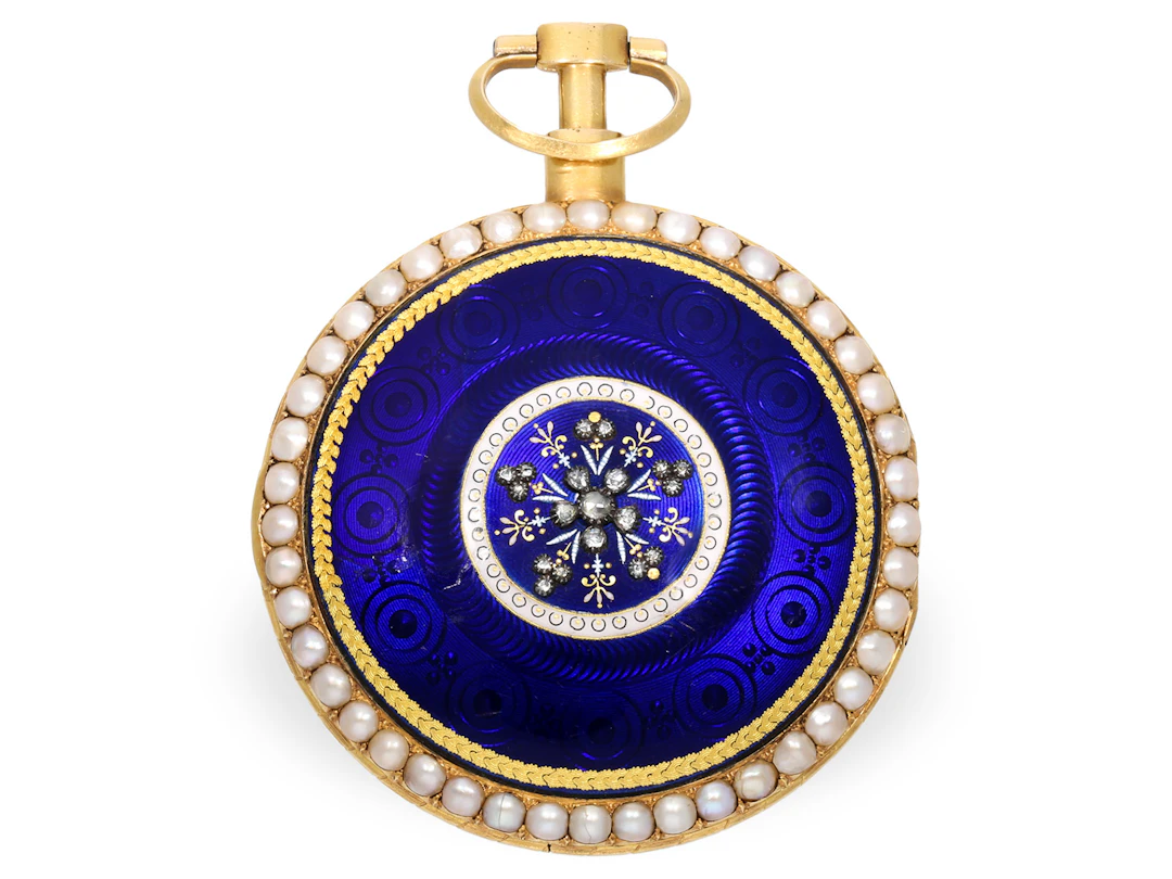 Pocket watch: very fine Geneva enamel watch set with pearls and diamonds