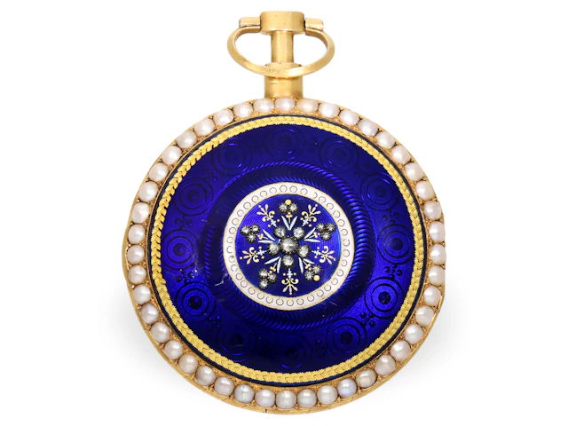 Pocket watch: very fine Geneva enamel watch set with pearls and diamonds