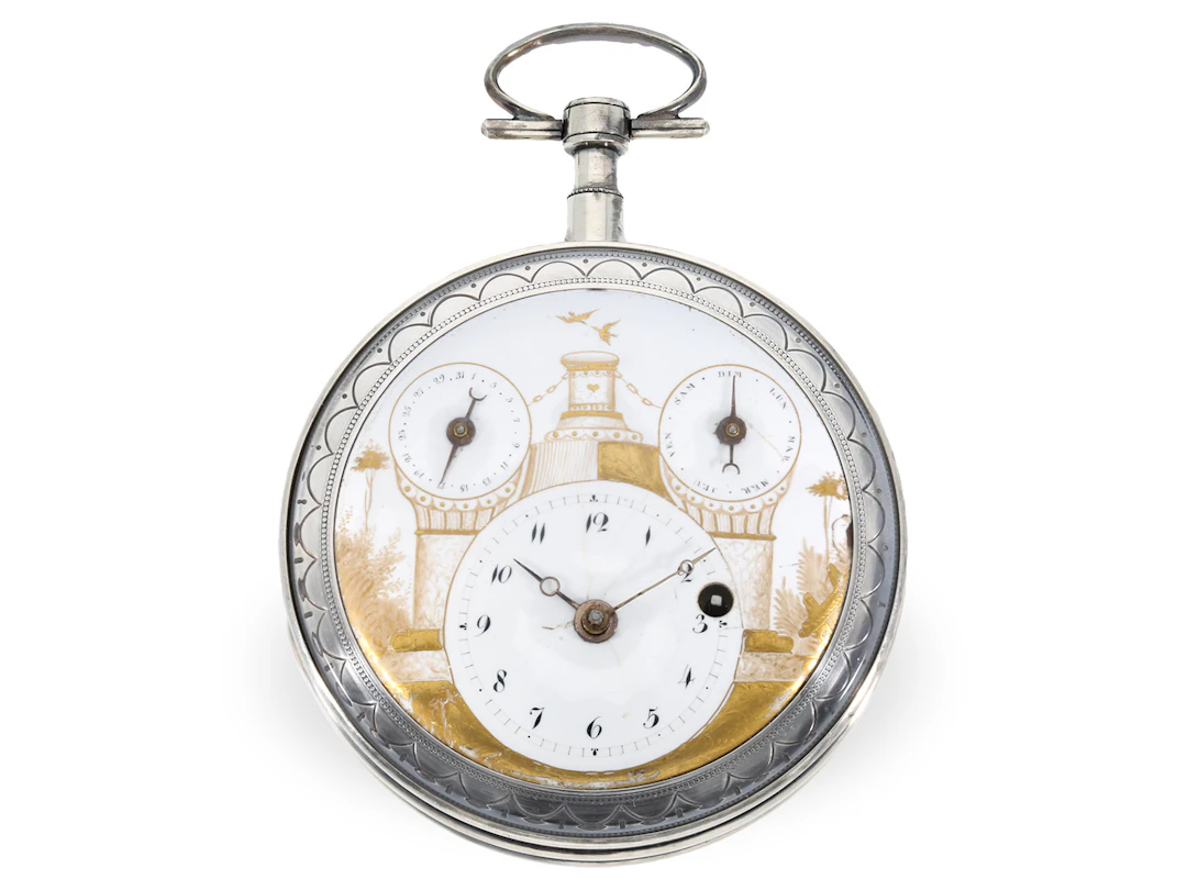 Pocket watch: rare calendar watch with visible balance wheel and rare