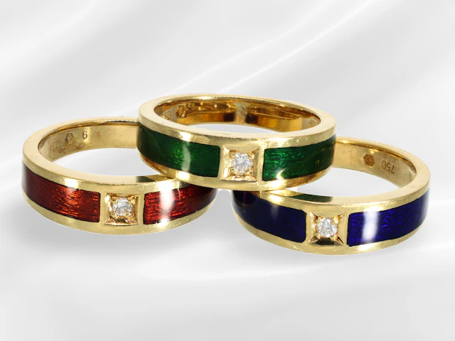 Ring: 3 high-quality enamelled designer gold rings with brilliant-cut