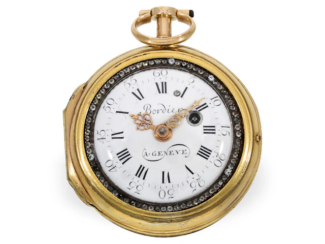 Pocket watch: exquisite Geneva gold and enamel verge watch with very