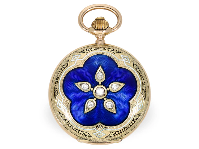 Pocket watch: gold/enamel hunting case pocket watch with diamond setting