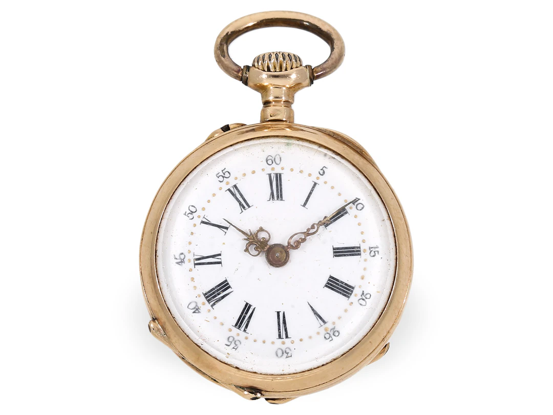 Pocket watch/pendant watch: miniature gold and enamel watch depicting