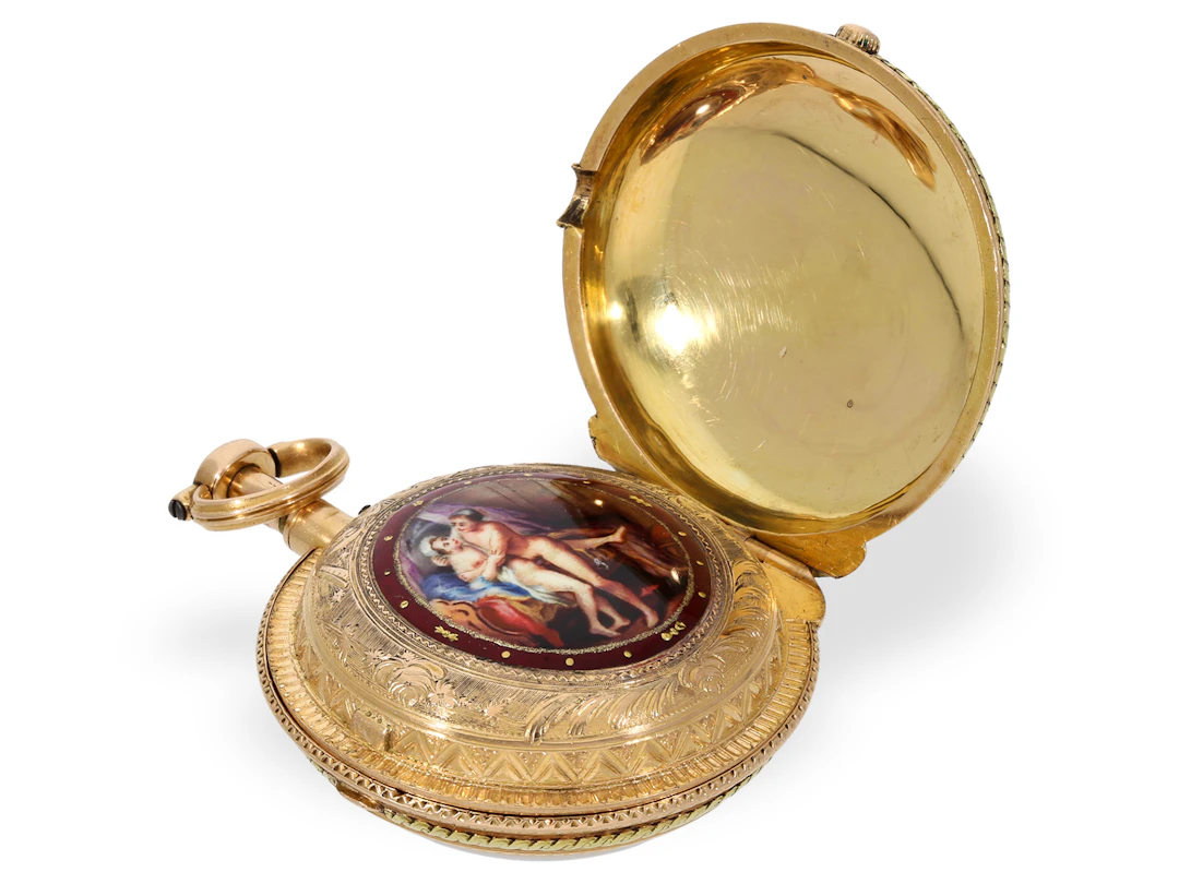Pocket watch: an absolute rarity, a verge watch with a concealed erotic