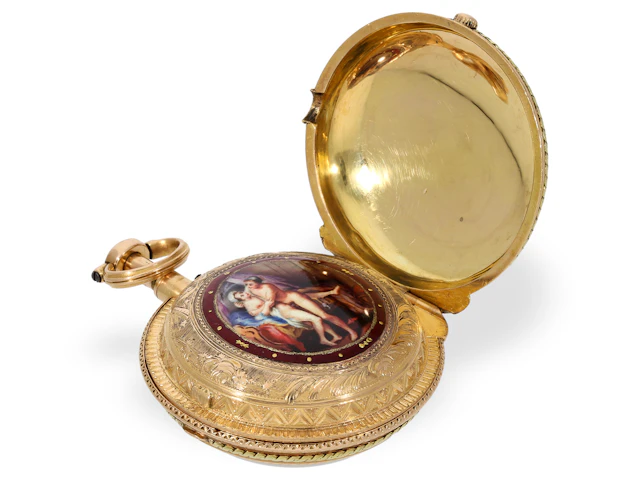 Pocket watch: an absolute rarity, a verge watch with a concealed erotic