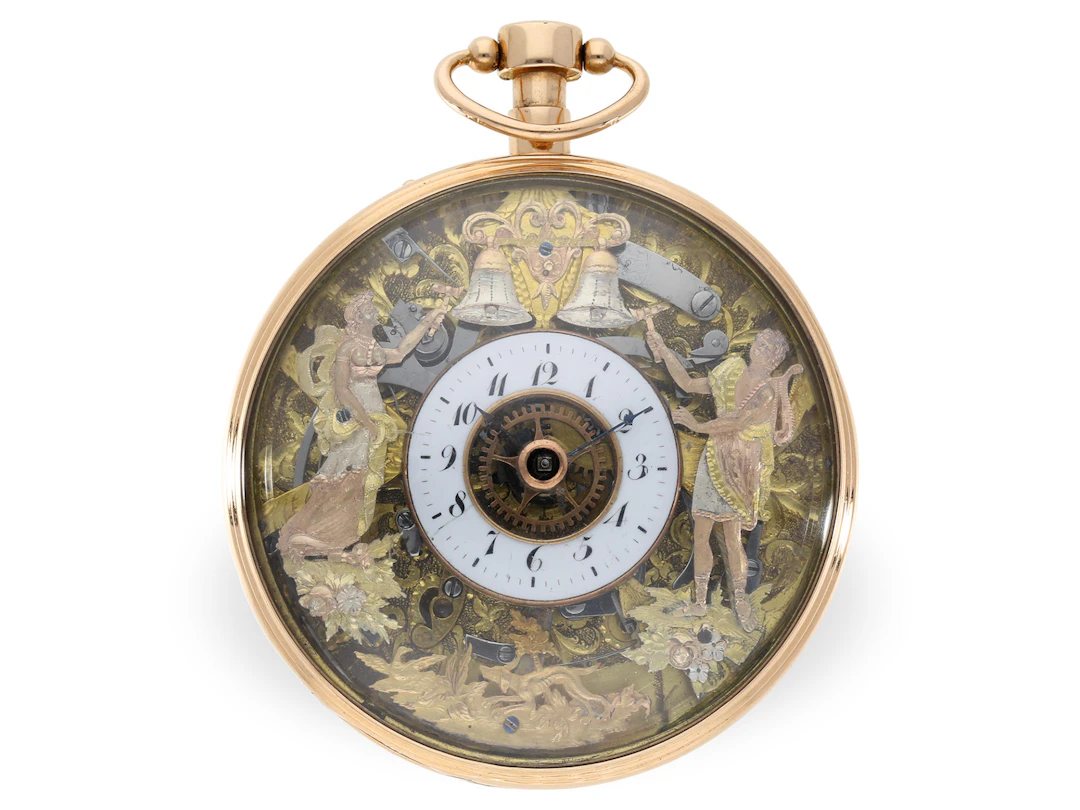 Pocket watch: rare, skeletonised Jacquemart figure automaton, 18K gold, c. 1820