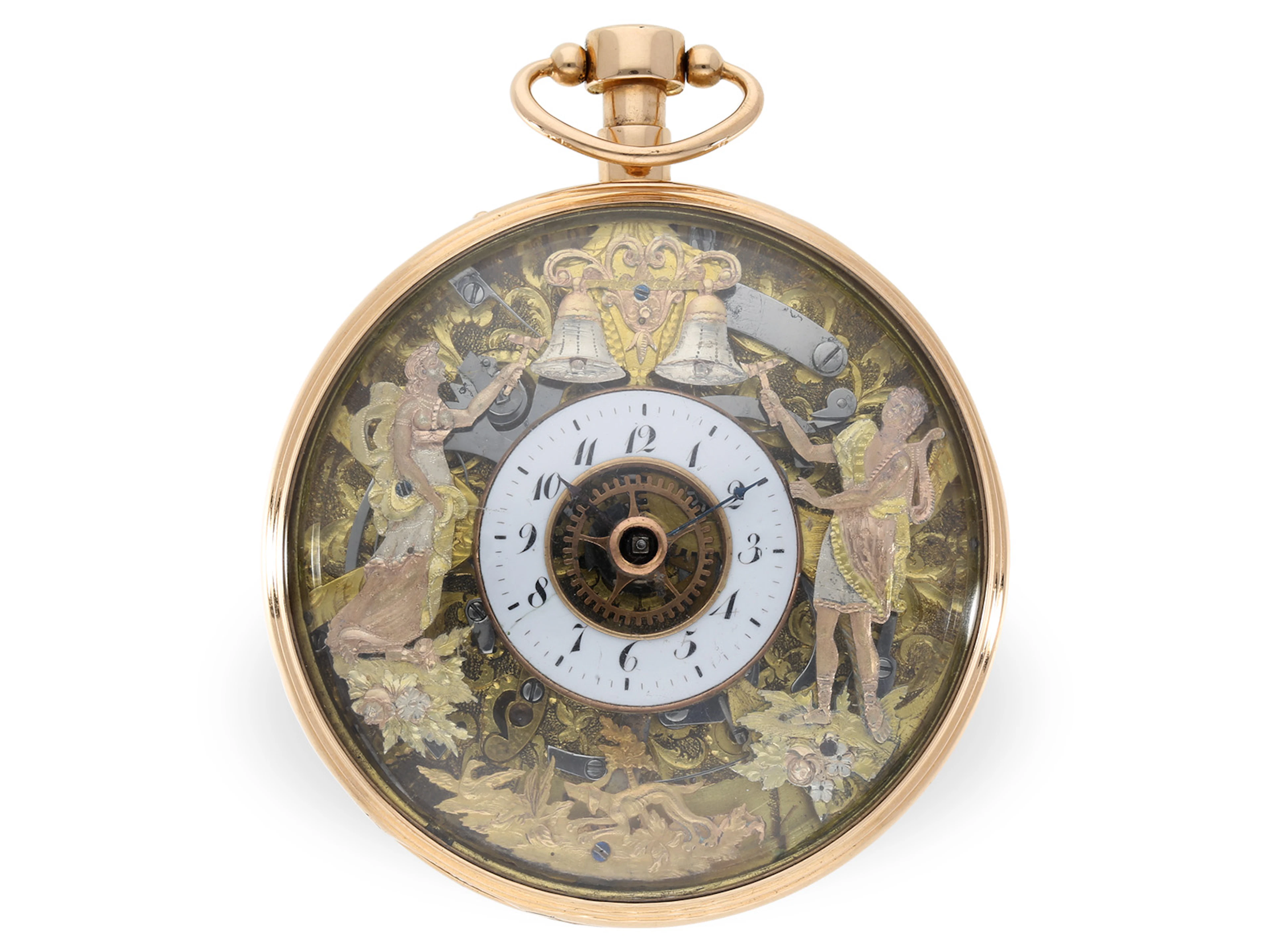 Pocket watch: rare, skeletonised Jacquemart figure automaton, 18K gold, c. 1820