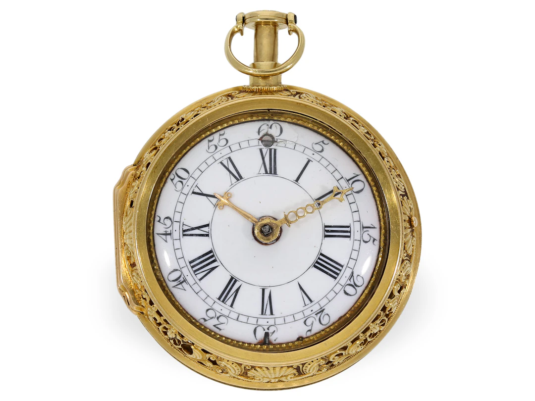 Pocket watch: rare Munich repoussé double-cased verge watch with repetition
