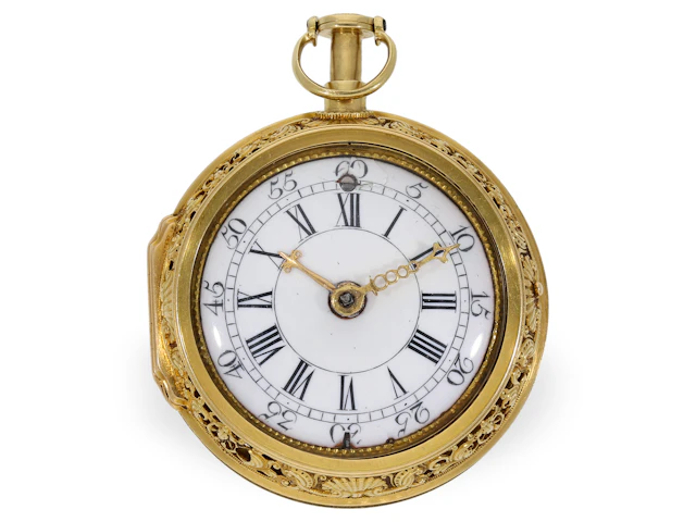Pocket watch: rare Munich repoussé double-cased verge watch with repetition