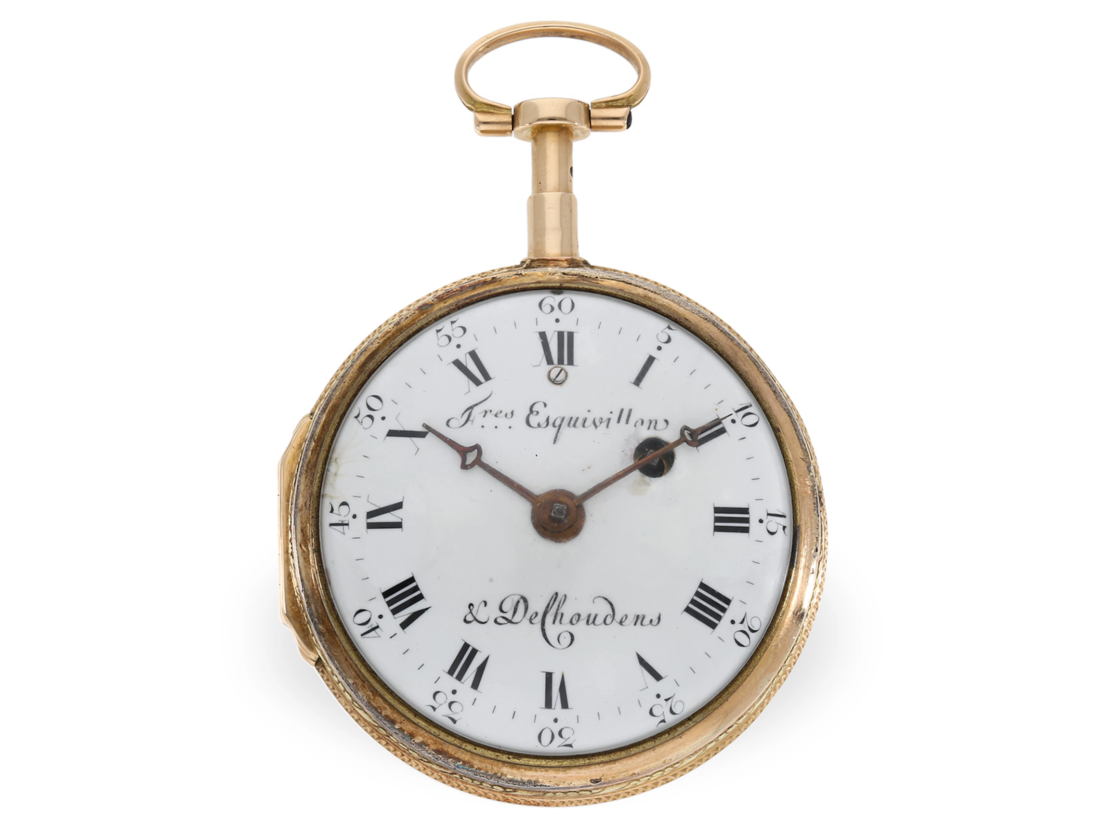 Pocket watch: large gold and enamel verge watch with repeater, Frères