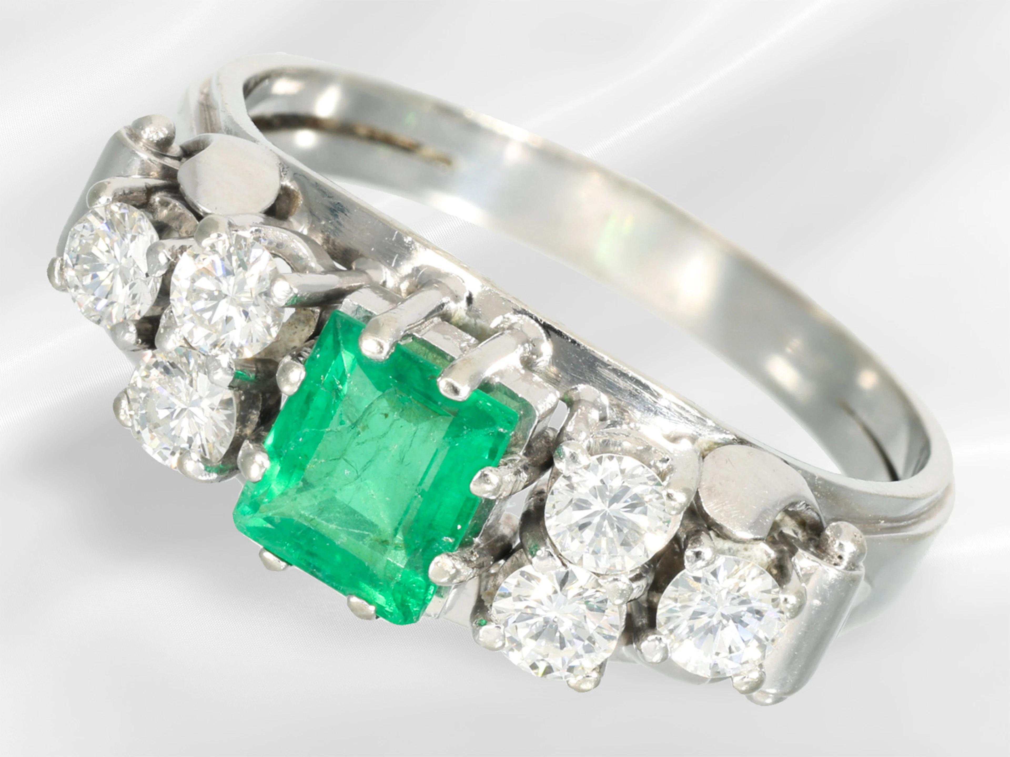 Ring: vintage white gold emerald and brilliant-cut diamond goldsmith's