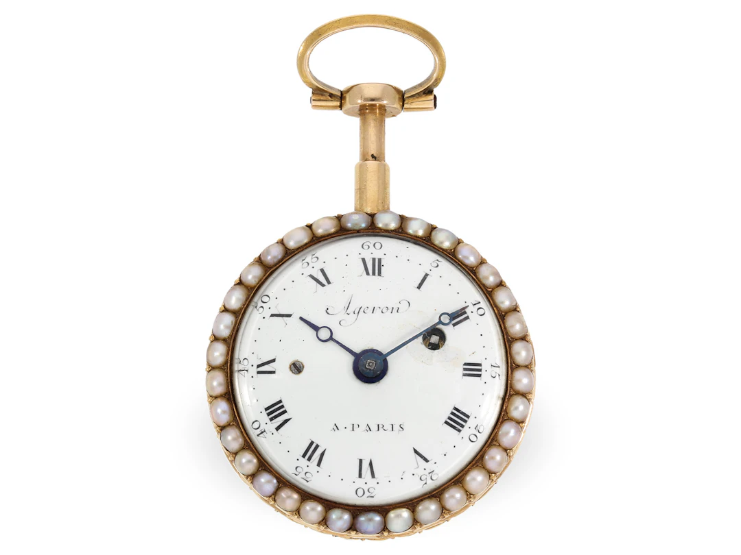Pocket watch: rare 18K gold cylinder watch with pearl setting and