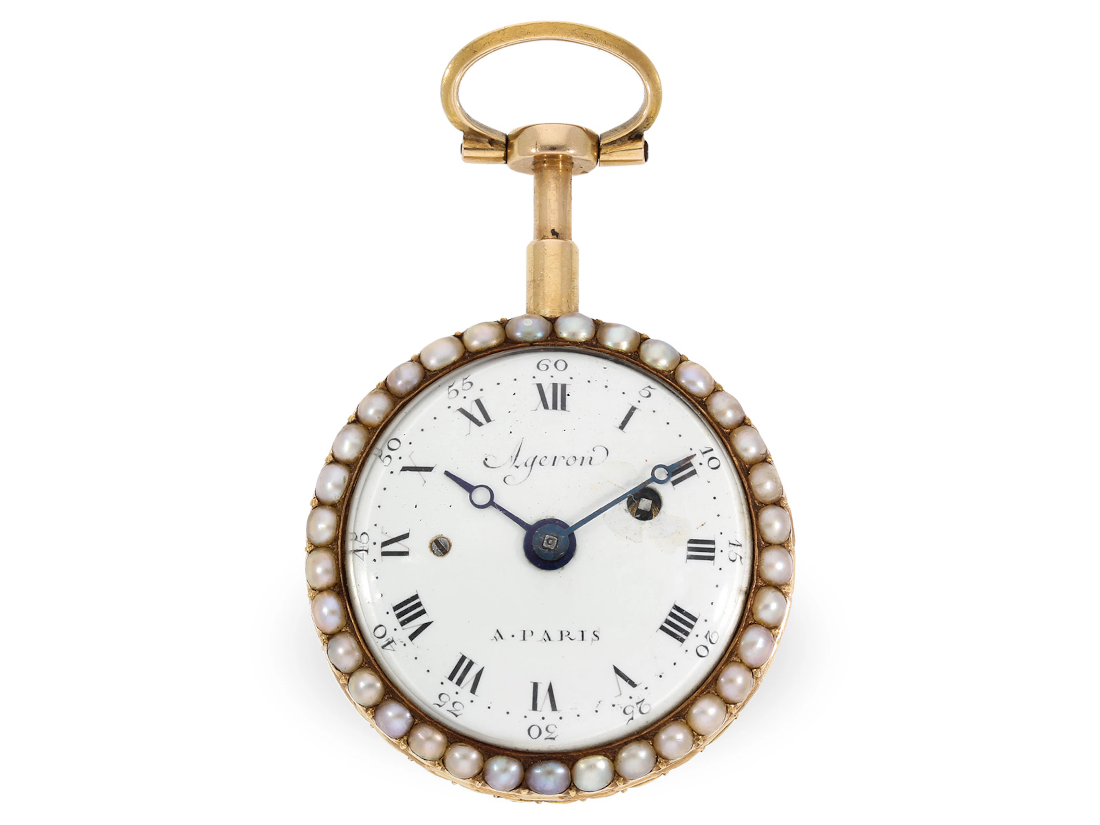 Pocket watch: rare 18K gold cylinder watch with pearl setting and