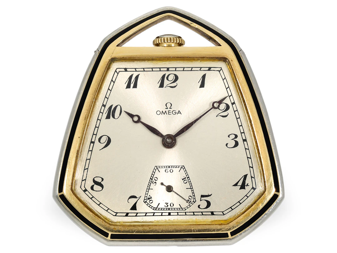 Pocket watch: rare Art Deco dress watch by Omega, gold/platinum & enamel