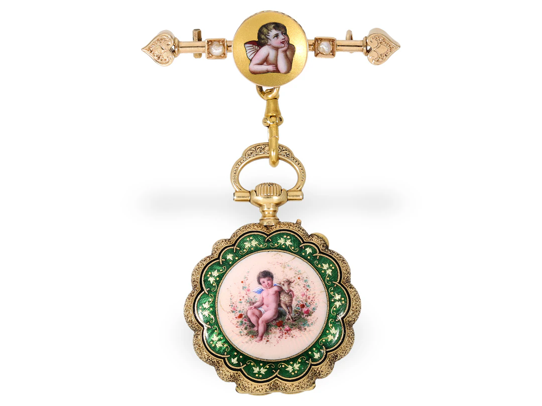 Pendant watch: very fine gold and enamel ladies’ watch with matching