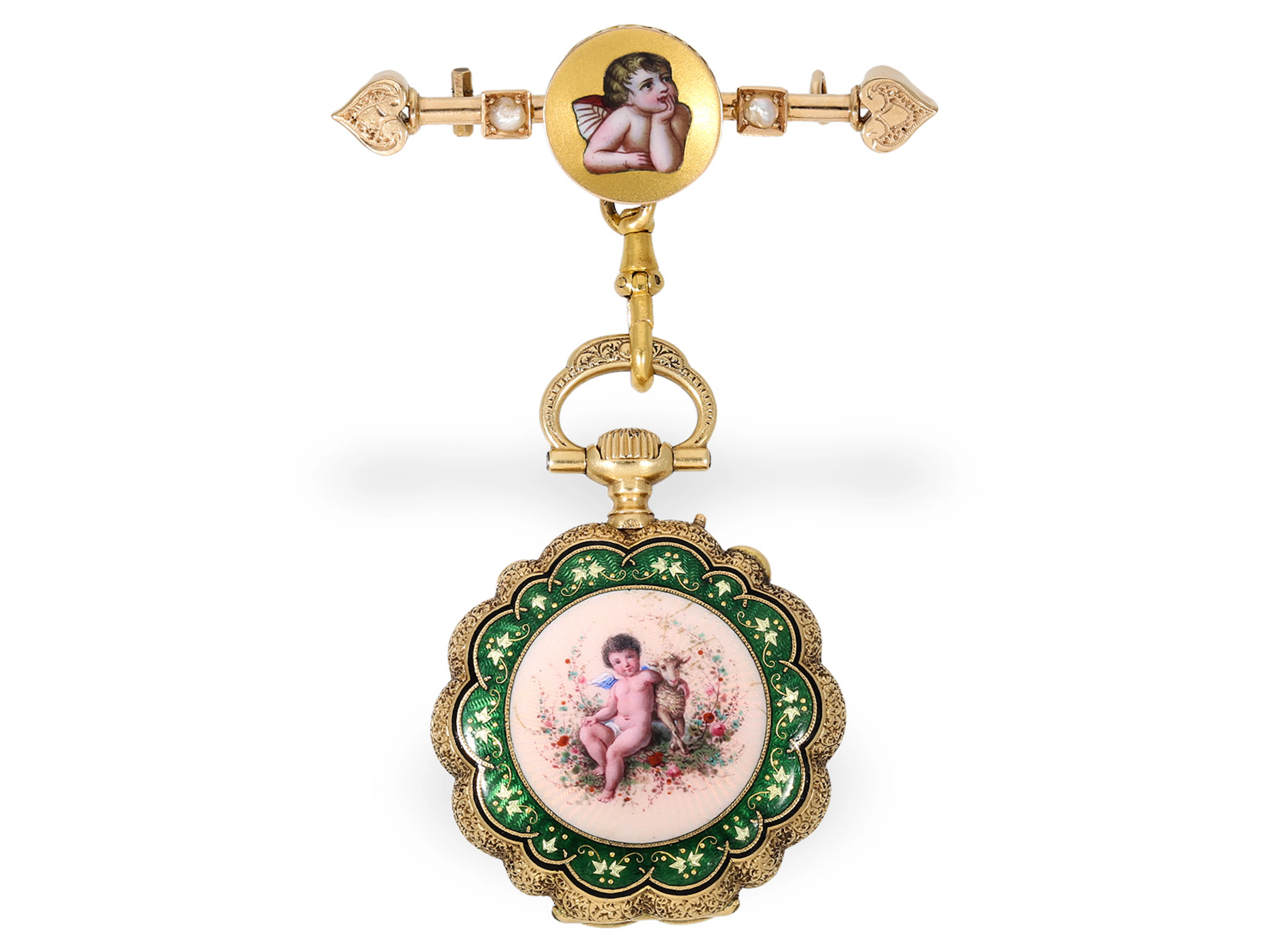 Pendant watch: very fine gold and enamel ladies’ watch with matching