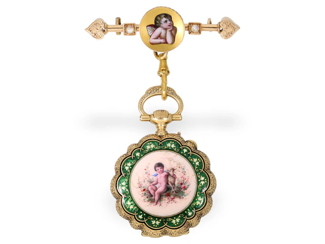 Pendant watch: very fine gold and enamel ladies’ watch with matching