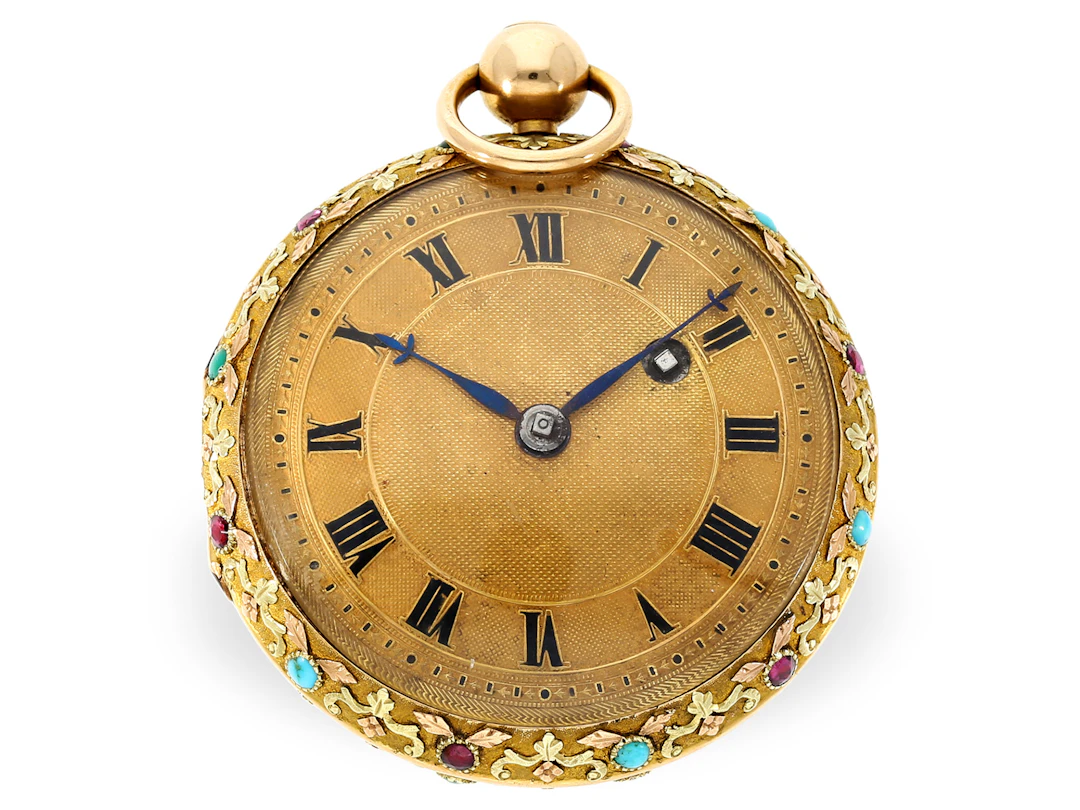 Pocket watch: fine 18K verge watch set with precious stones, turquoise