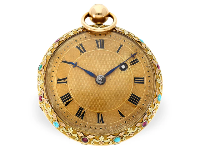Pocket watch: fine 18K verge watch set with precious stones, turquoise