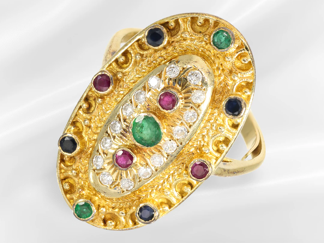 Ring: wide and unusual vintage coloured gemstone and brilliant-cut