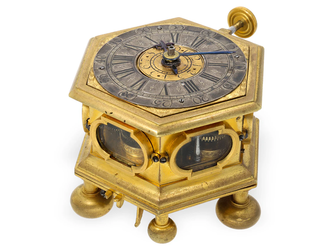 Table clock: very rare miniature horizontal table clock, Gottfried