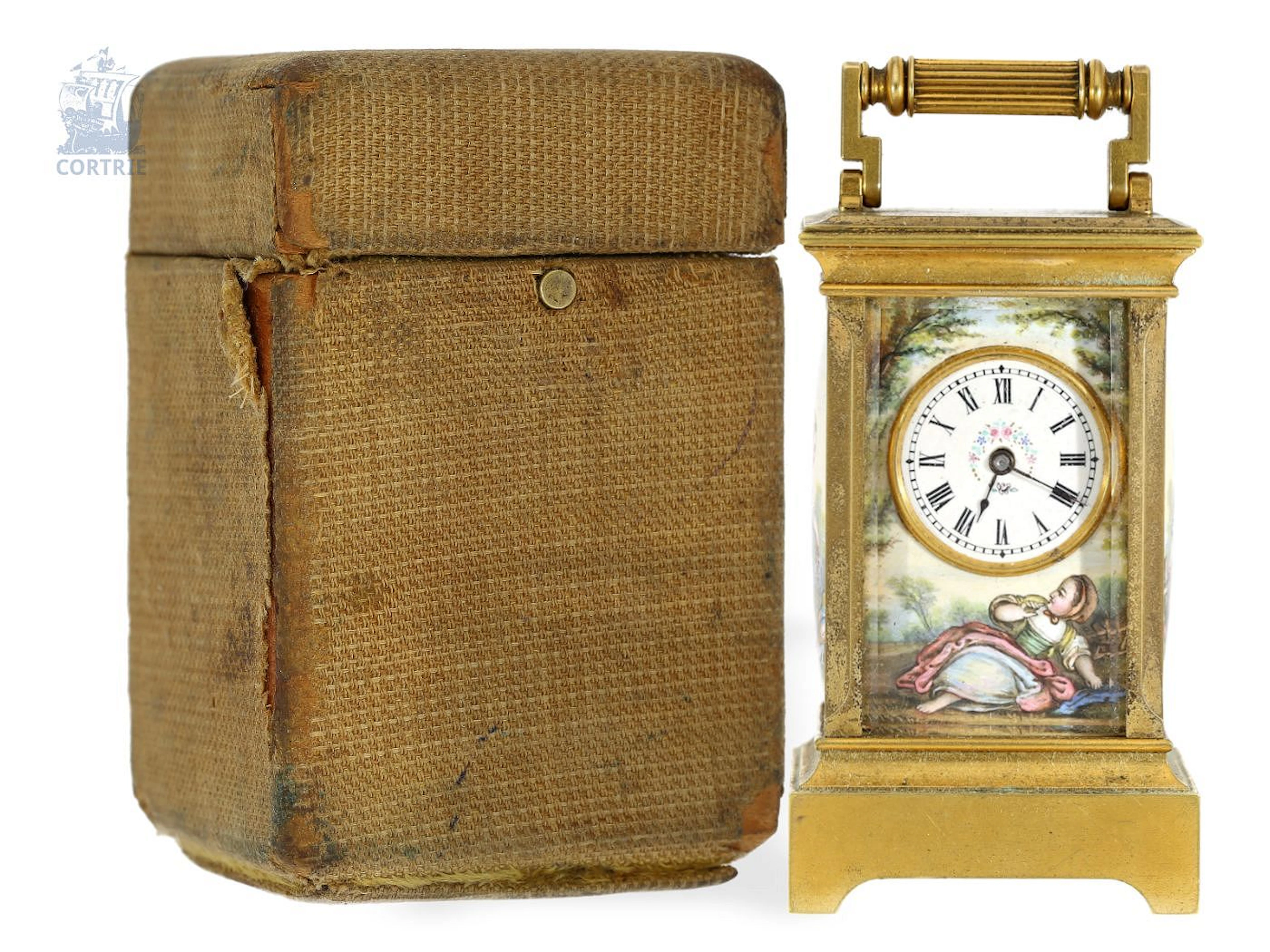 Travel watch: exquisite French miniature travel watch with 4 enamel