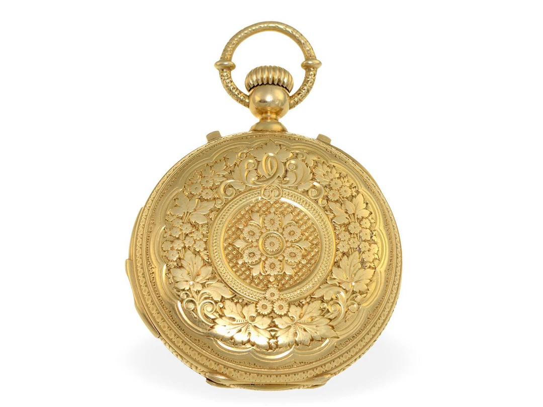 Pocket watch: a heavy, technically interesting ornately designed hunting