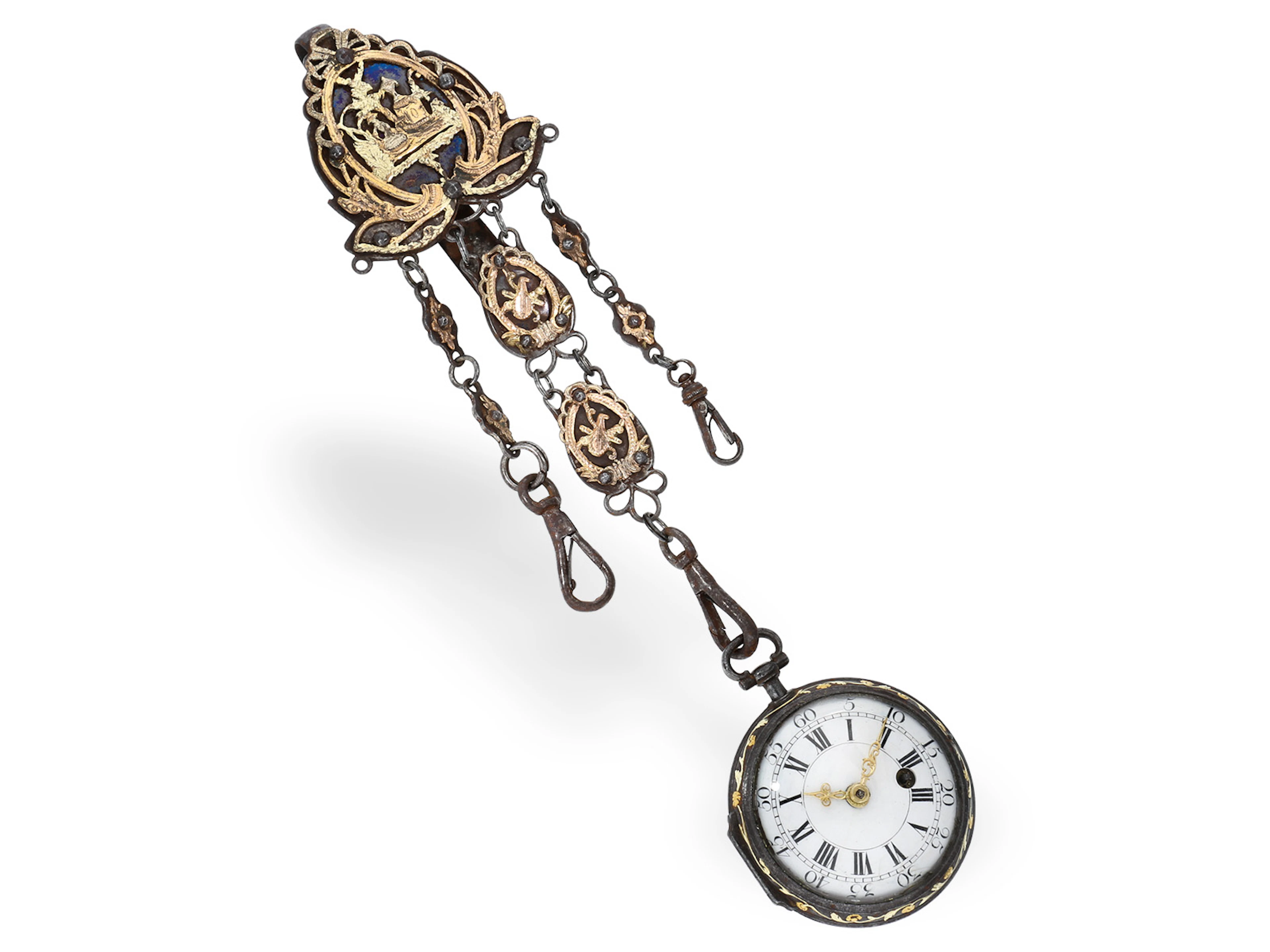 Pocket watch: an absolute rarity in steel and three-colour gold with