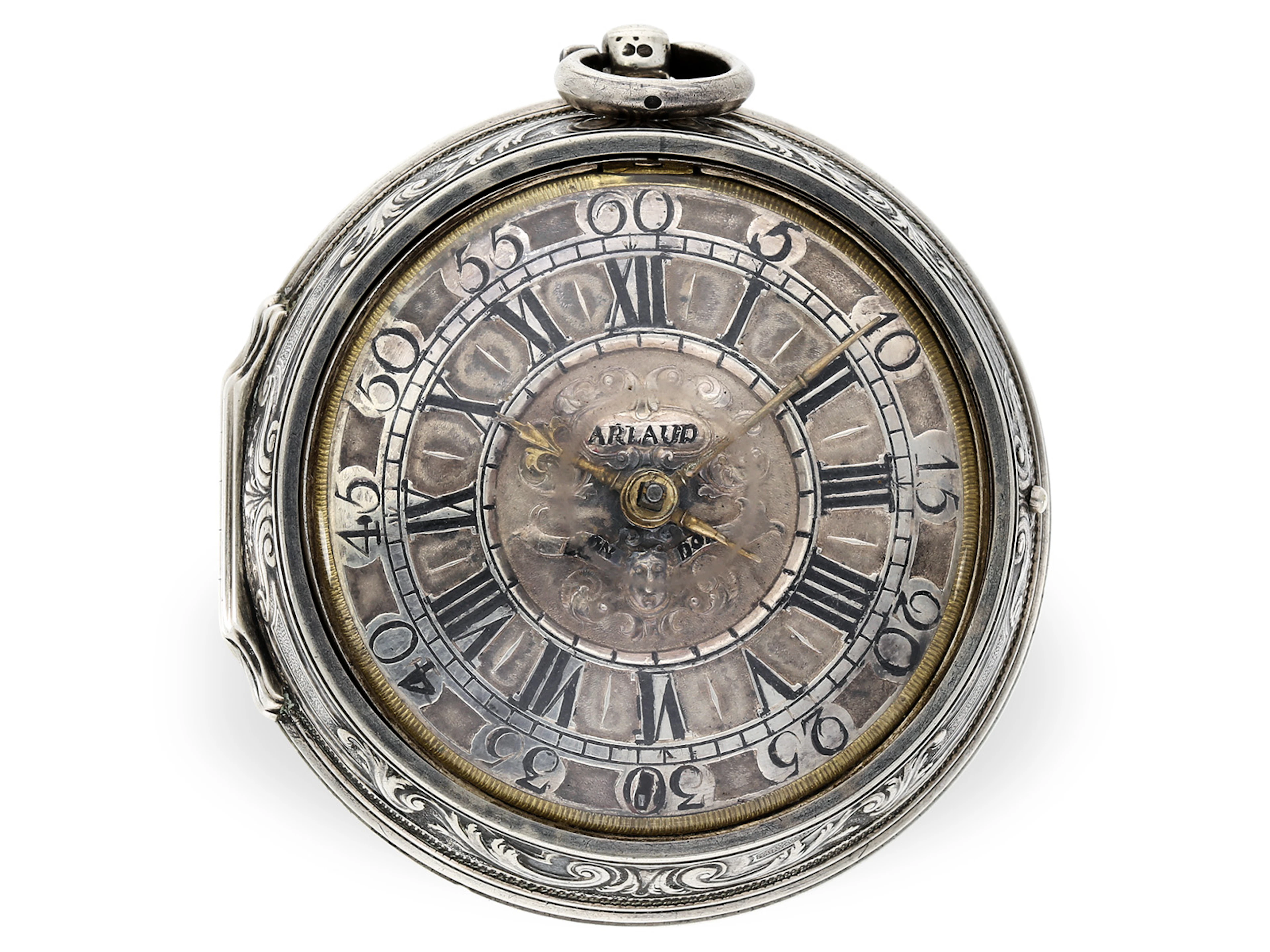 Pocket watch: large London pocket watch with repoussé silver case