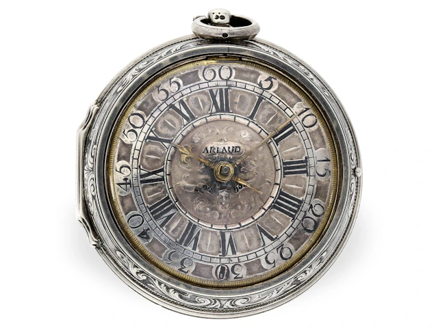 Pocket watch: large London pocket watch with repoussé silver case
