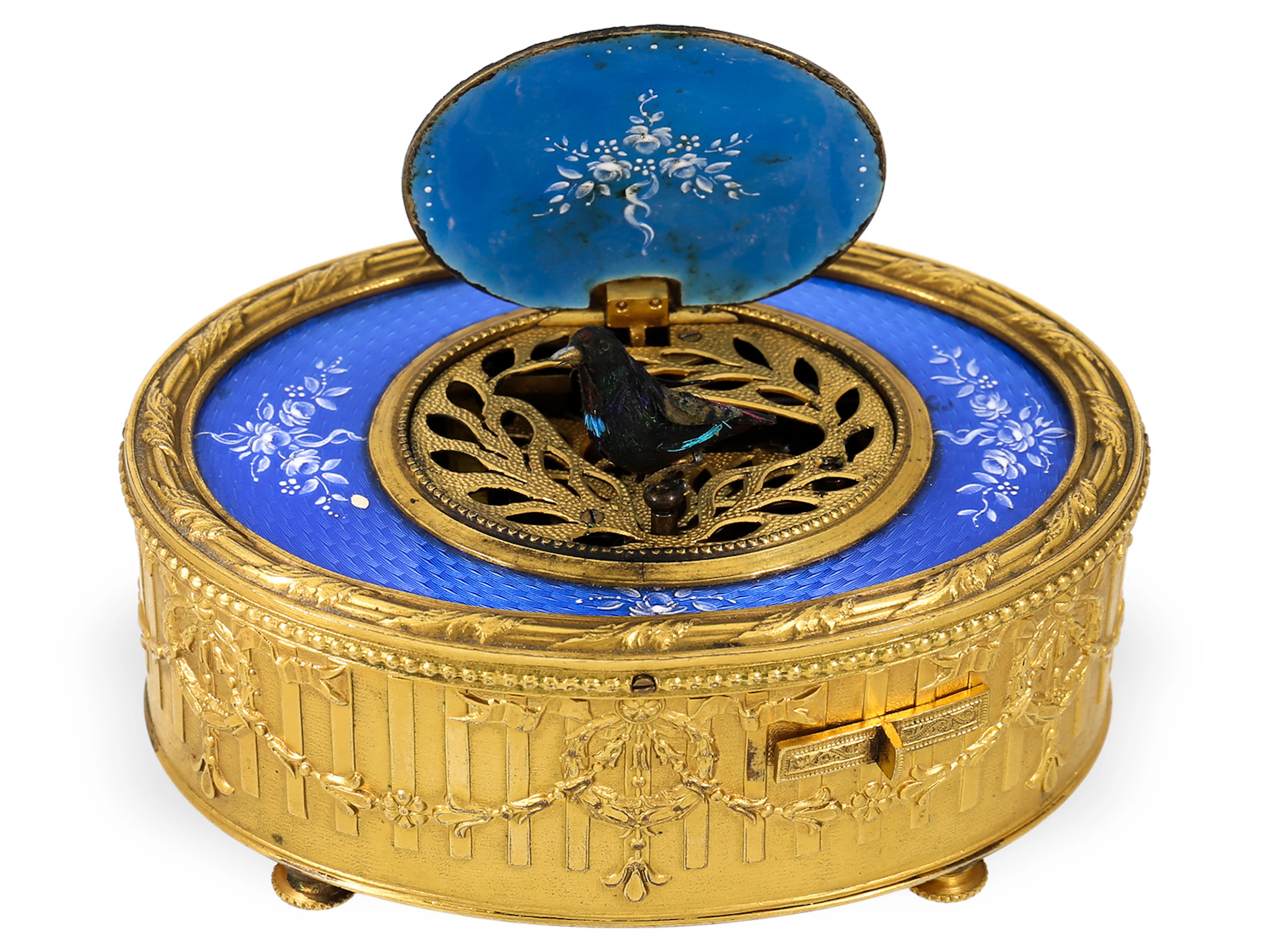 A stunningly beautiful singing bird box with guilloché enamel, probably