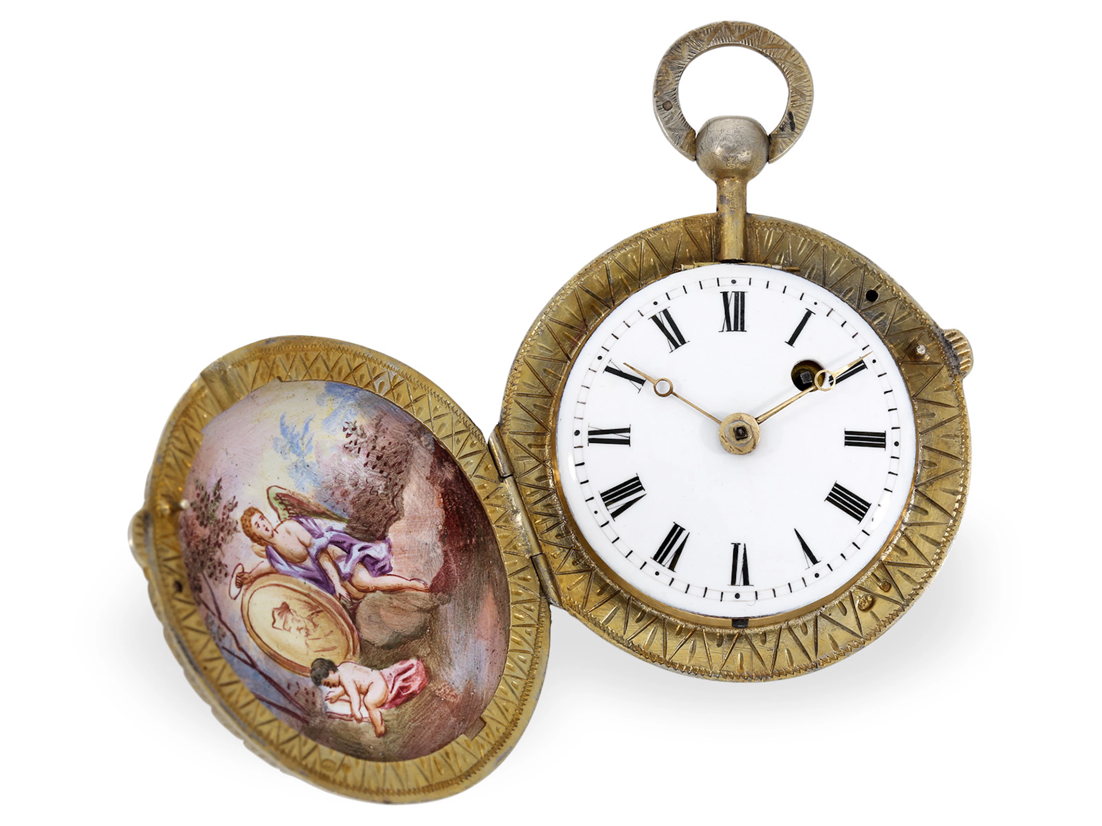 Pocket watch: Viennese enamelled spindle watch with 4 paintings, signed