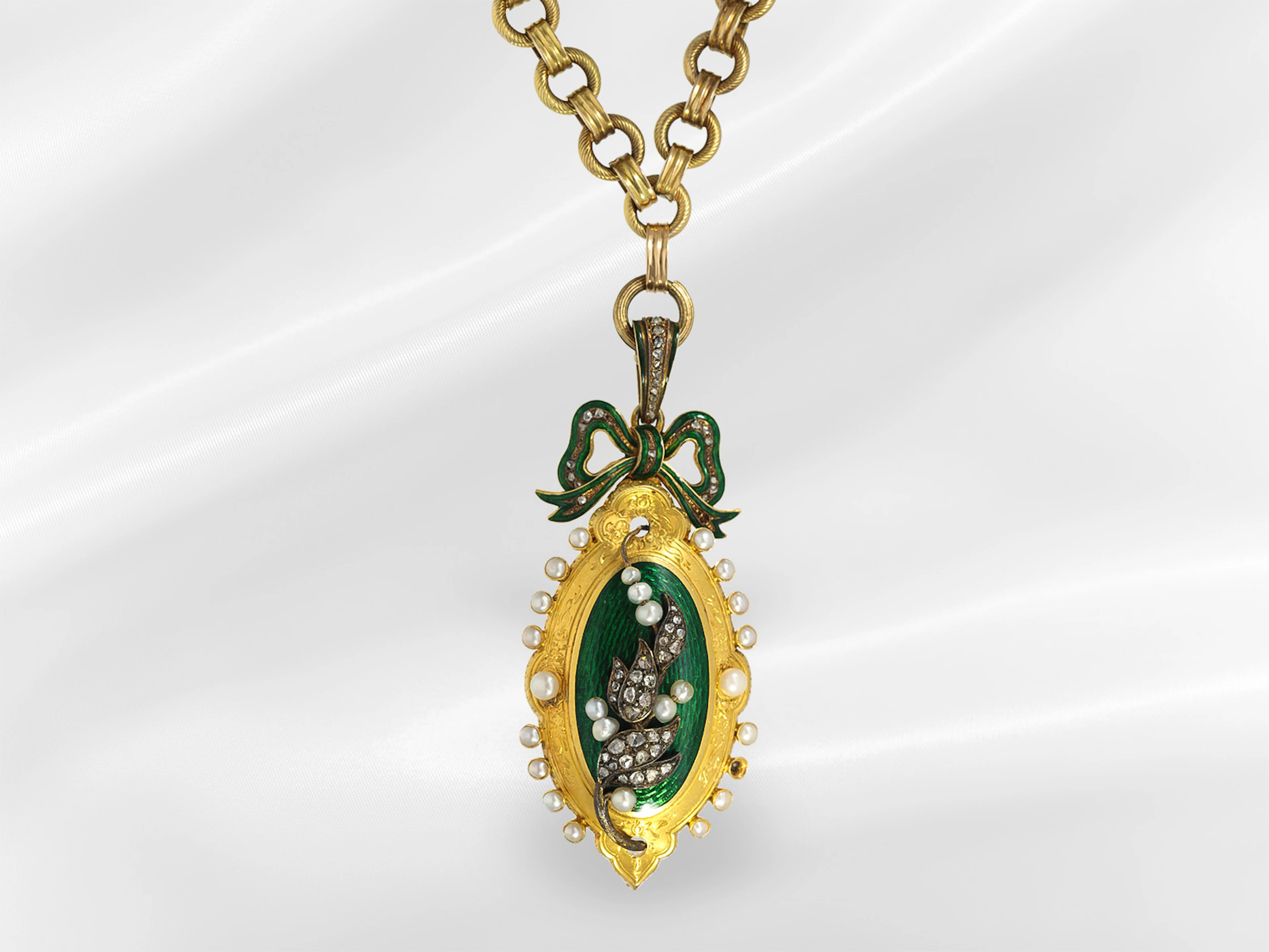 Rare antique necklace with a beautiful enamel and diamond bow pendant