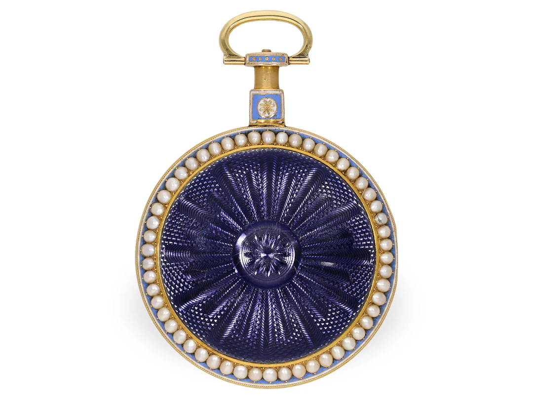 Pocket watch: large English gold and enamel watch with special escapement