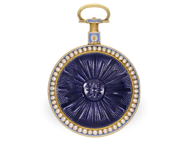 Pocket watch: large English gold and enamel watch with special escapement