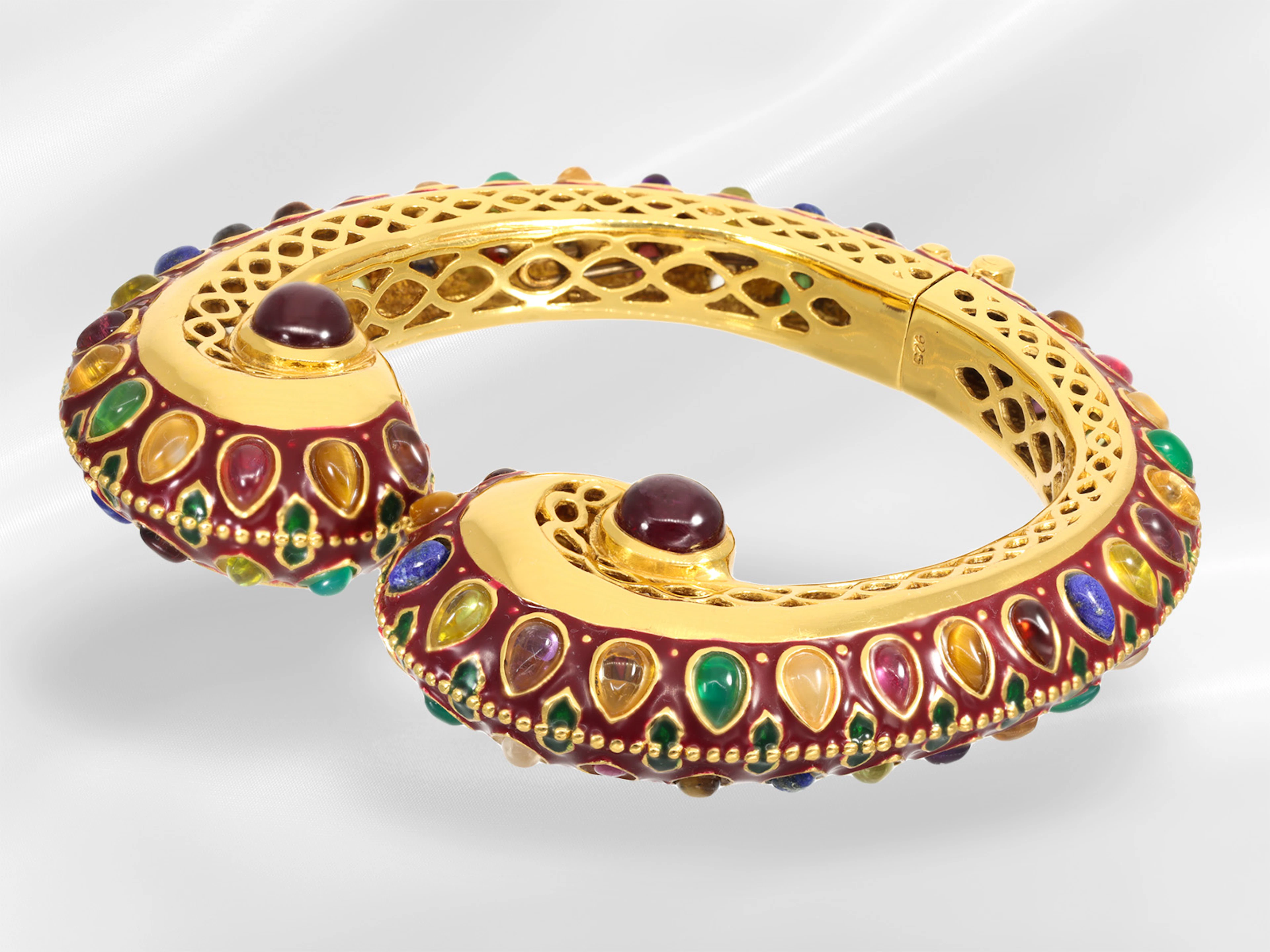 Very beautiful and unusual bangle with coloured stones, silver/gilt