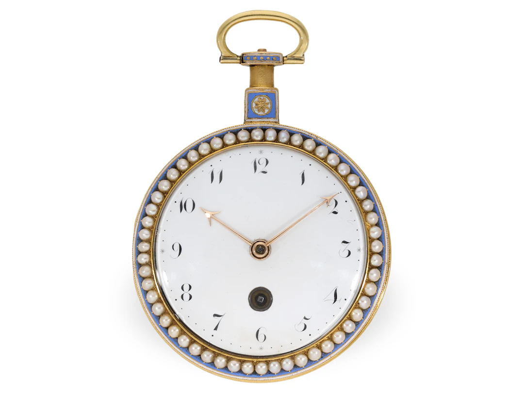 Pocket watch: large English gold and enamel watch with special escapement