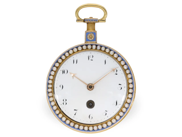 Pocket watch: large English gold and enamel watch with special escapement