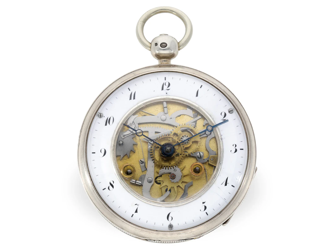 Pocket watch: large skeletonised verge watch with self-striking mechanism