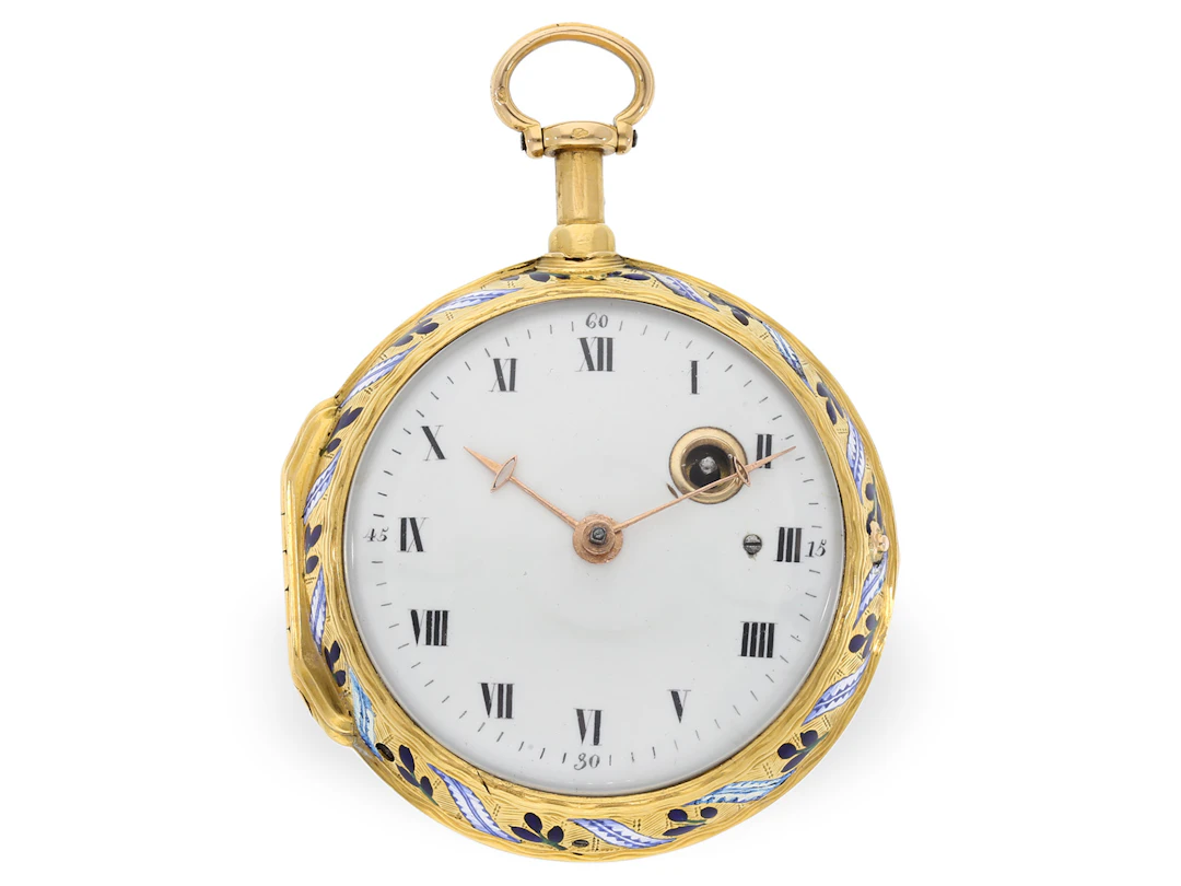 Pocket watch: outstanding gold and enamel verge watch with repeater