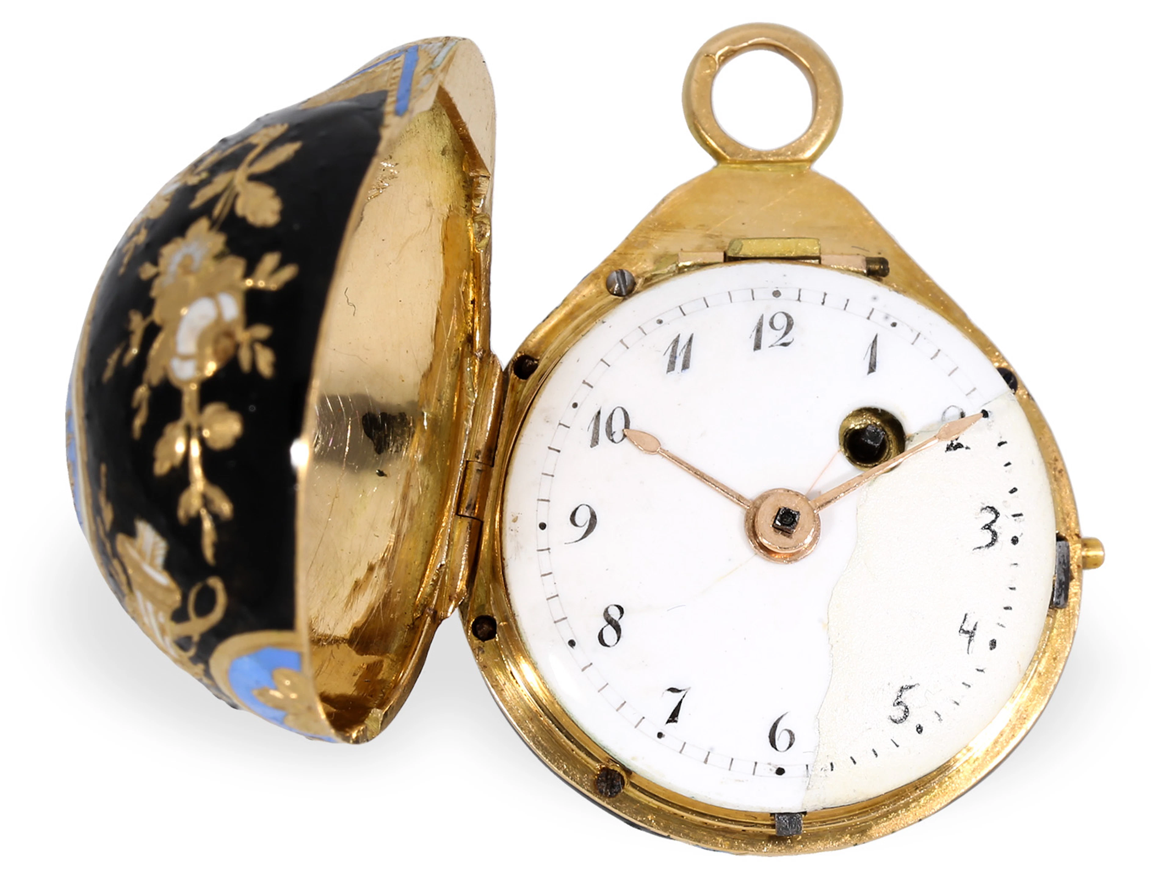 Pocket watch: very rare gold and enamel ‘pear’-shaped watch depicting