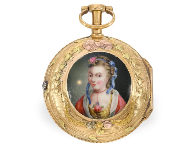 Pocket watch: very fine four-colour gold and enamel verge watch, by