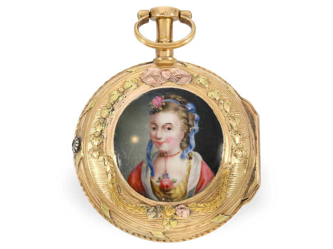 Pocket watch: very fine four-colour gold and enamel verge watch, by