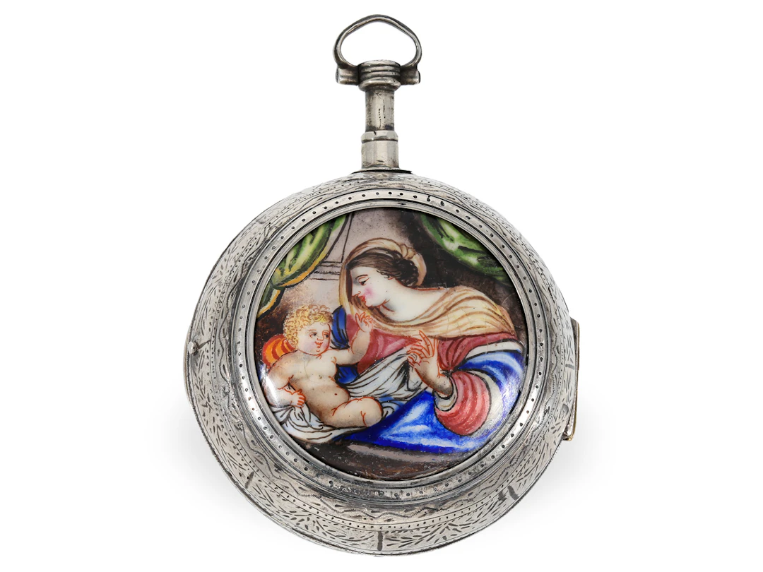 Pocket watch: early single-hand ‘oignon’ with enamel plaque, Margueritte