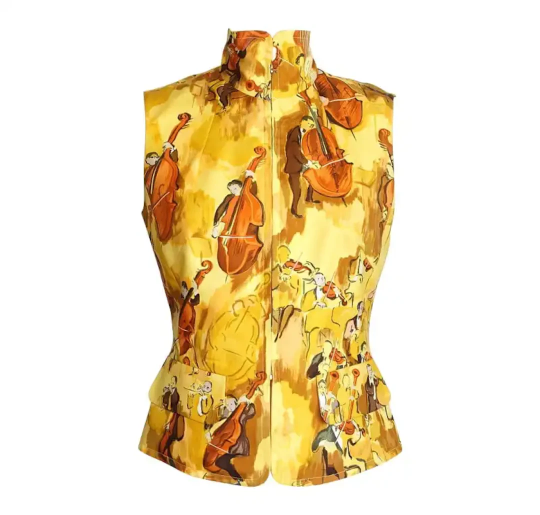 Hermes Vest Vintage Concerto Silk Print Zipper Front Yellow 38