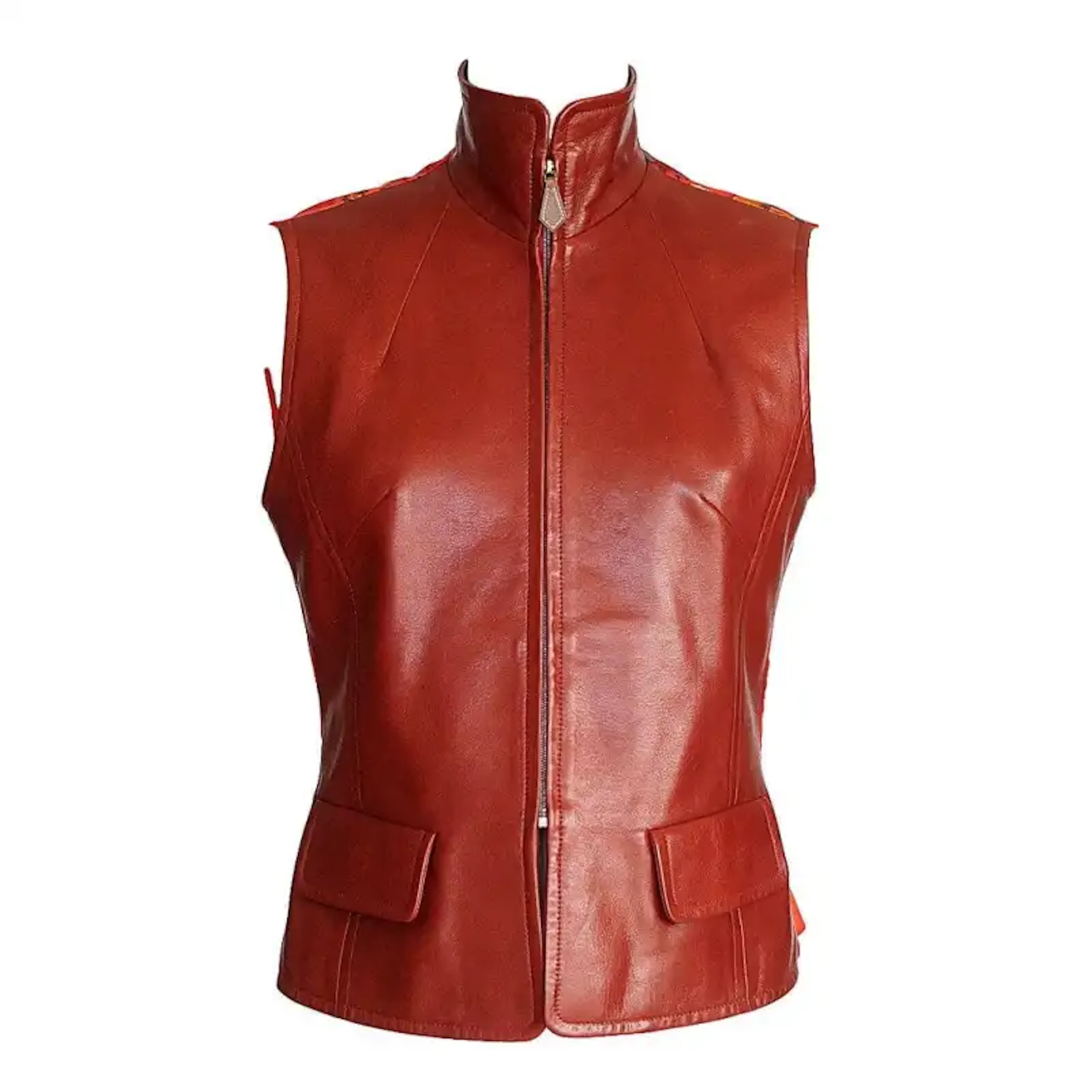 Hermes Vest Vintage Lambskin Zipper Front Concerto Silk Print Rear 40