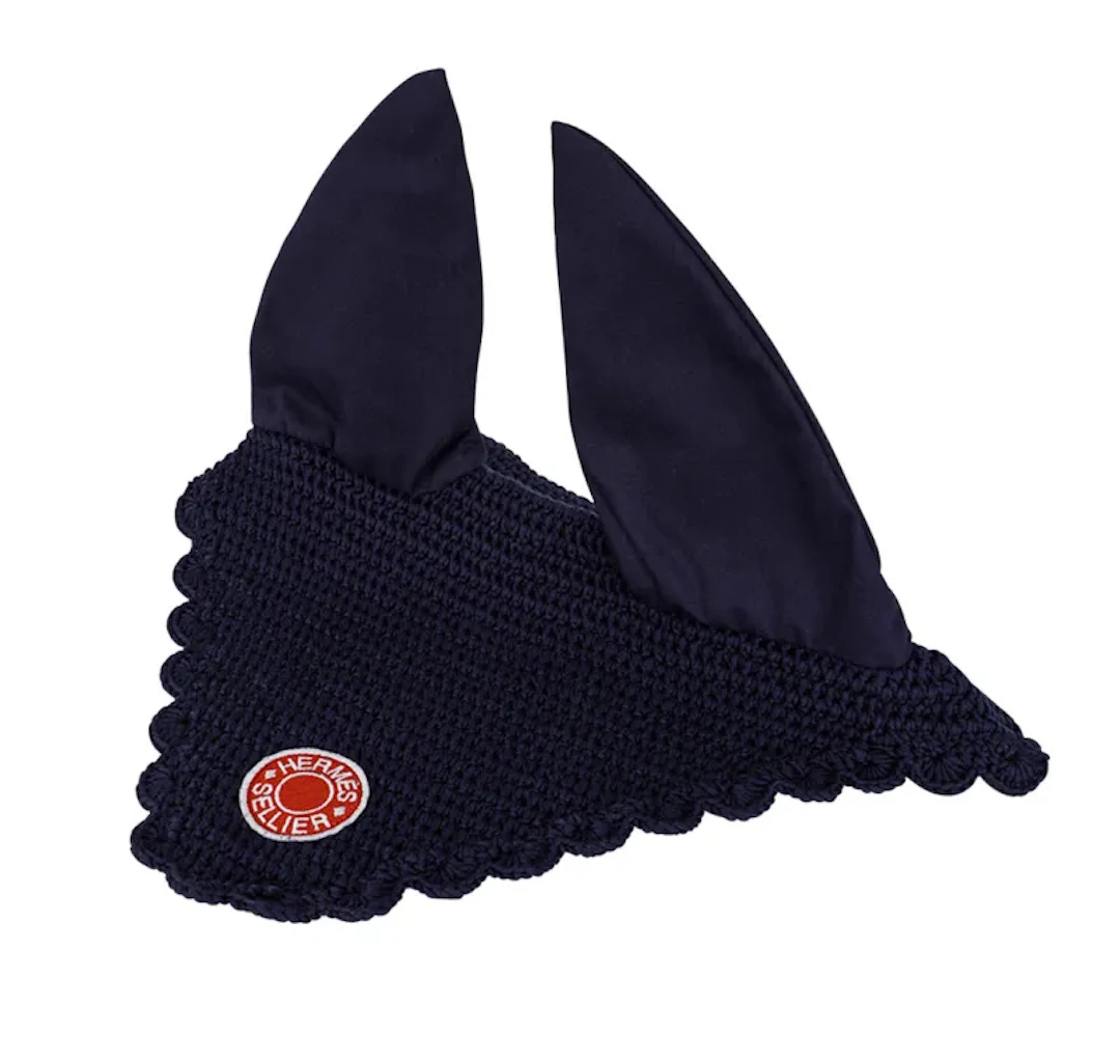 Hermes Sellier Fly Bonnet Equestrian Show Jumper Horse Ear Cap Navy