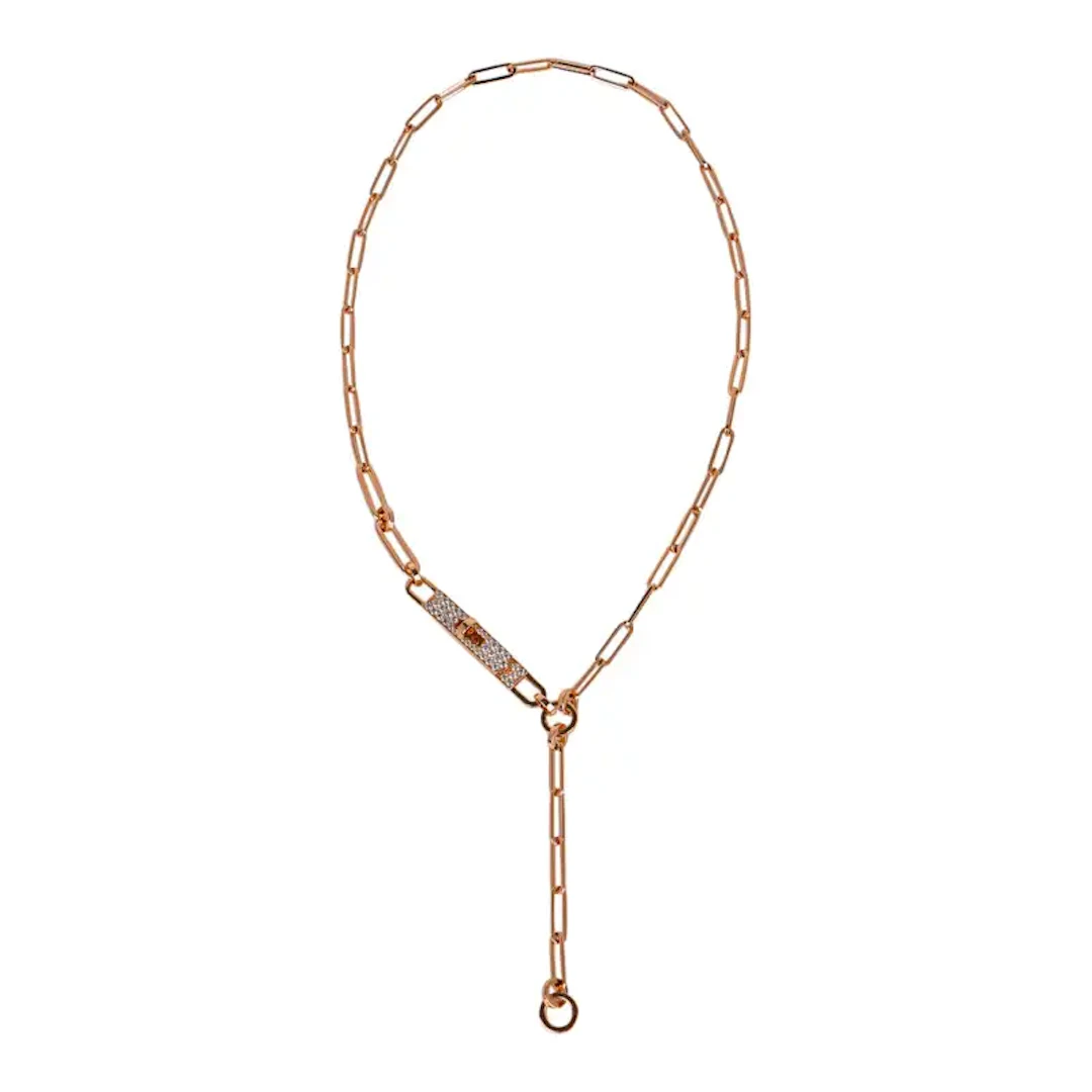 Hermes Kelly Chaine Lariat Necklace 18K Rose Gold with Diamond Accent