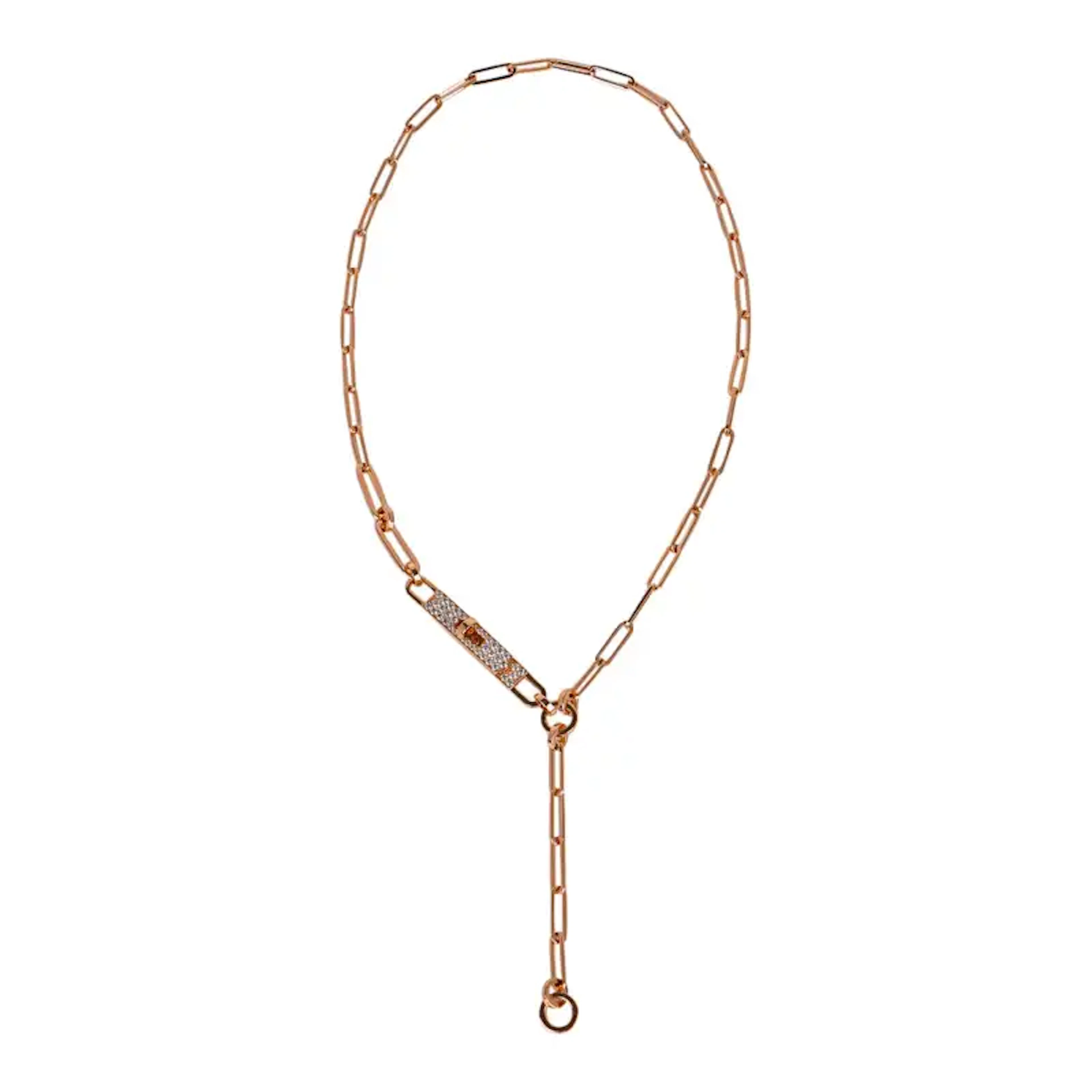 Hermes Kelly Chaine Lariat Necklace 18K Rose Gold with Diamond Accent