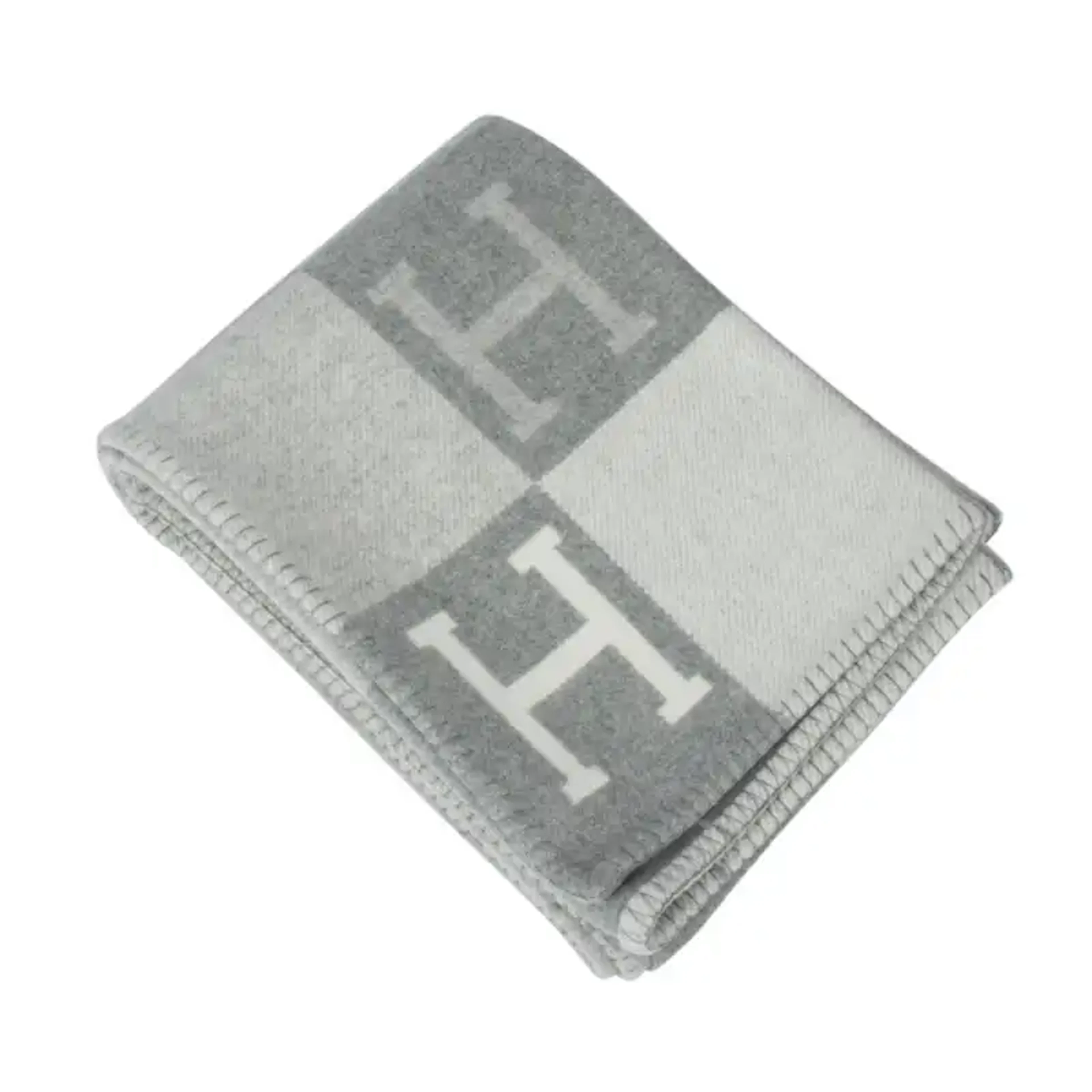 Hermes Avalon III Signature H Gris Clair and Ecru Throw Blanket